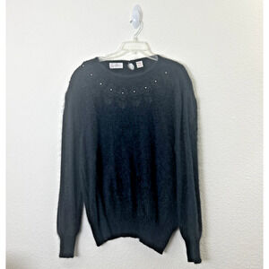 VTG EDDIE WASSIN Womens Sweater M Angora Blend Black Crystals Embroidered